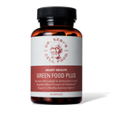 Dr. Sebi's Green Food Plus supplement bottle in amber glass with black cap, 90 capsules for heart health and immune support.