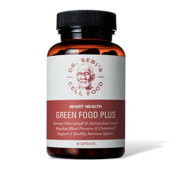Dr. Sebi's Heart Health Green Food Plus supplement bottle with 90 capsules for chlorophyll and antioxidant support.