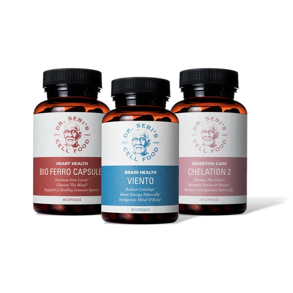 Three Dr. Sebi Cell Food supplement bottles: Bio Ferro Capsule for heart health, Viento for brain health, and Chelation 2 ...