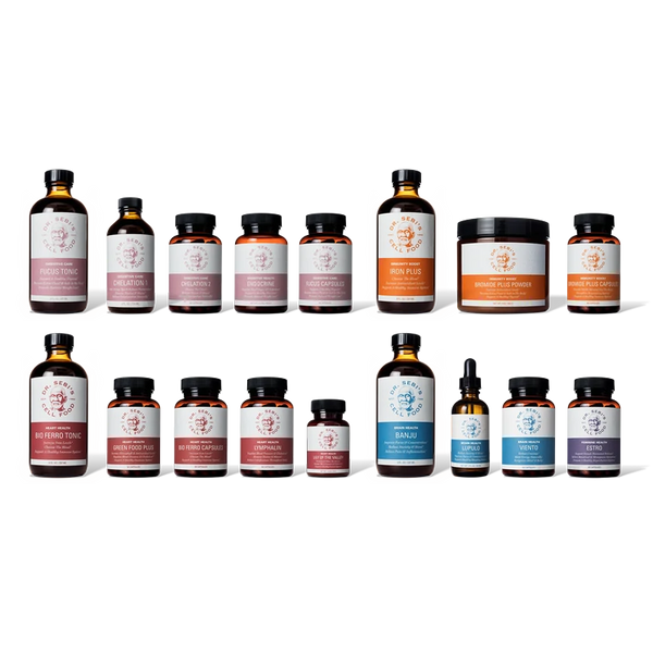 Dr. Sebi's complete herbal product line displayed in organized rows featuring tonics, capsules, powders, and liquid supple...